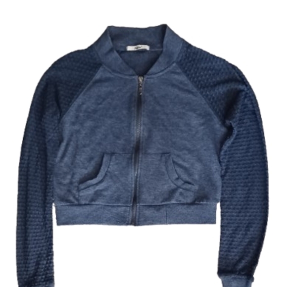 Papaya Blue Zip-Up Crop Textured Sleeves Top Size S - Picture 2 of 3